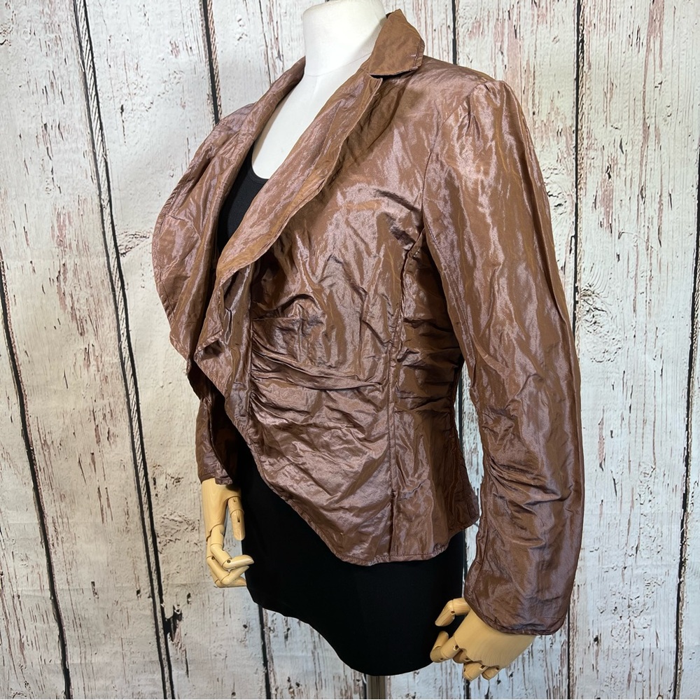Lida Baday Ruched Metallic Crinkled Puckered Fitted Evening Blazer Jacket SZ 12 - Picture 4 of 16